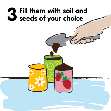 Illustration with cans being filled with soil and seeds