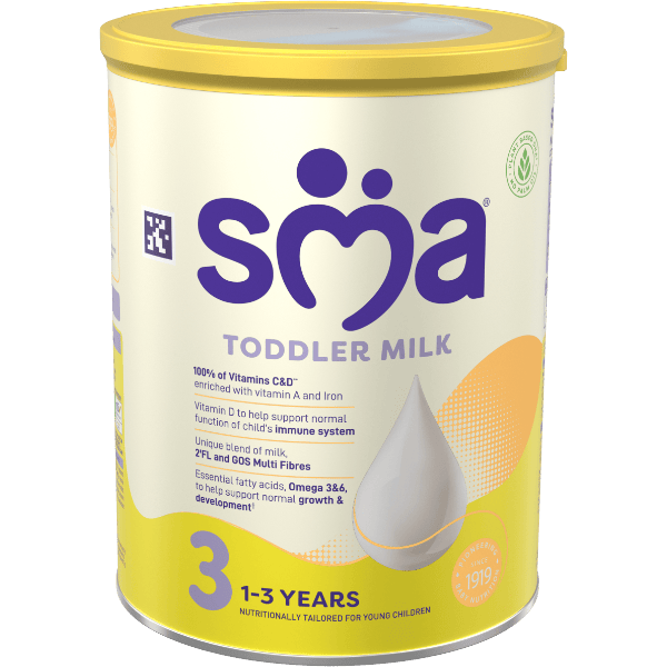 SMA Toddler Milk Powder for children 1 to 3 years, with a yellow lid on a transparent background