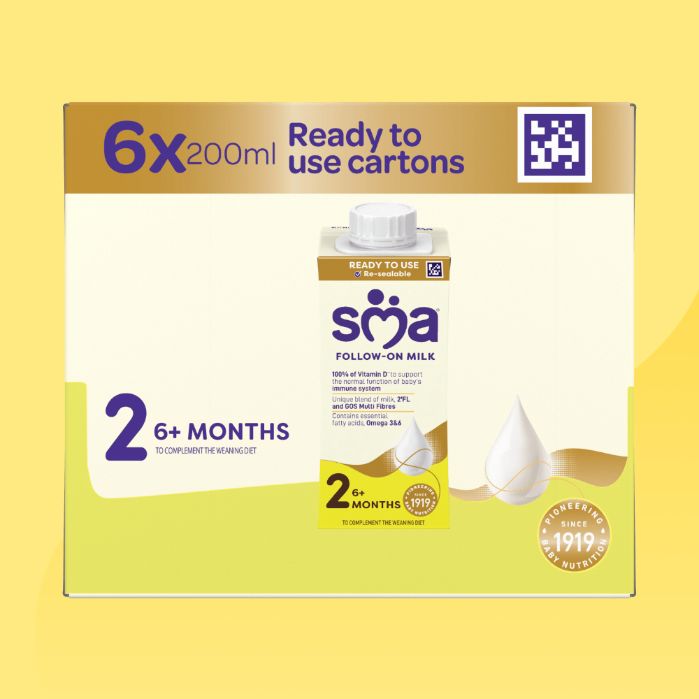 SMA Follow-on milk Ready to Drink Multipack 200ml for babies 6-12 months on a yellow background