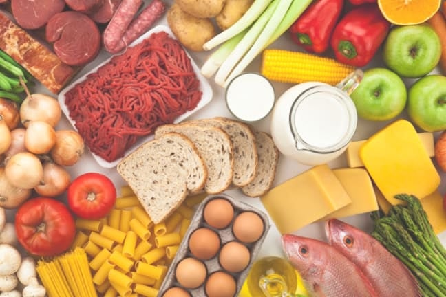 An assortment of foods from the different food groups