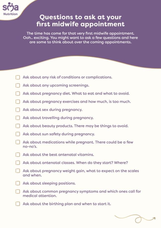 Questions to Ask at Your First Midwife Appointment - Pregnancy Checklist - PDF Preview