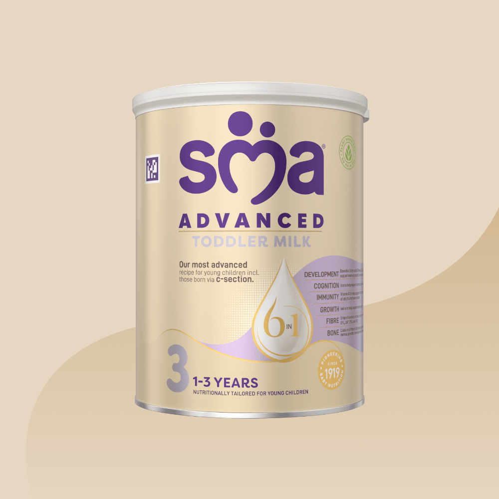 SMA Advanced Toddler Milk Powder for children 1-3 years, with a grey lid on a gold background