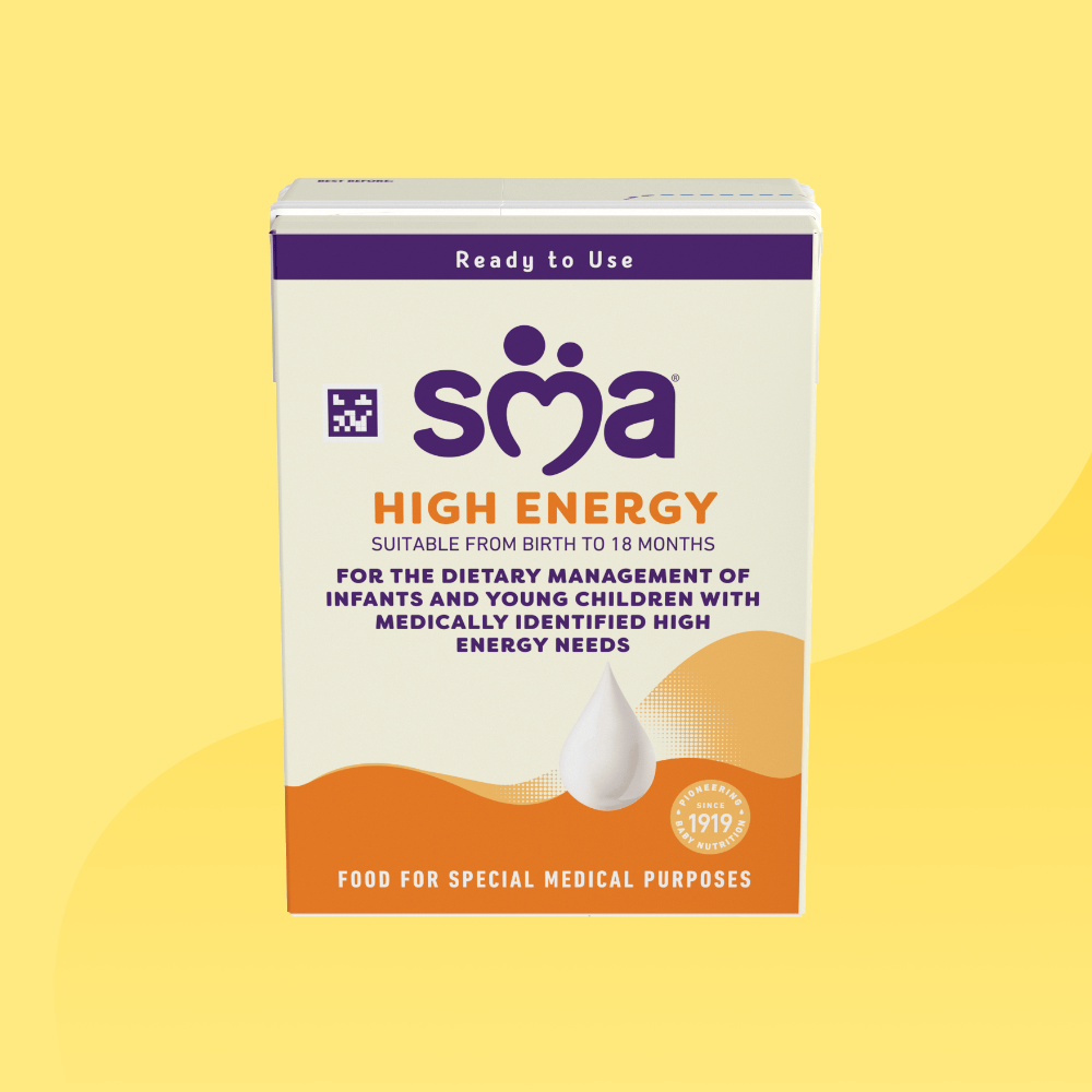 Carton of SMA High Energy Ready to drink Formula 200ml in front of a yellow background 