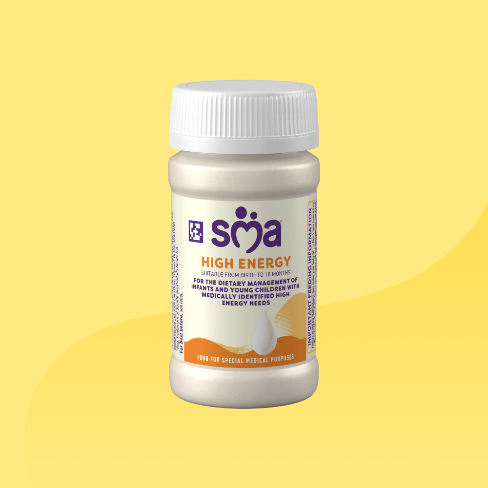 Bottle of SMA High Energy Ready to drink Formula 90ml on a yellow background 