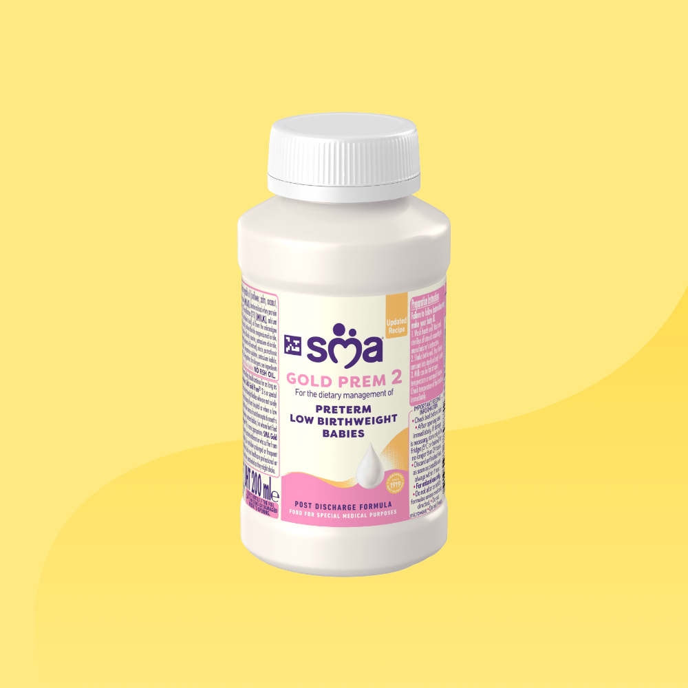 Bottle of SMA Gold Prem 2 Formula 200ml in front of a yellow background