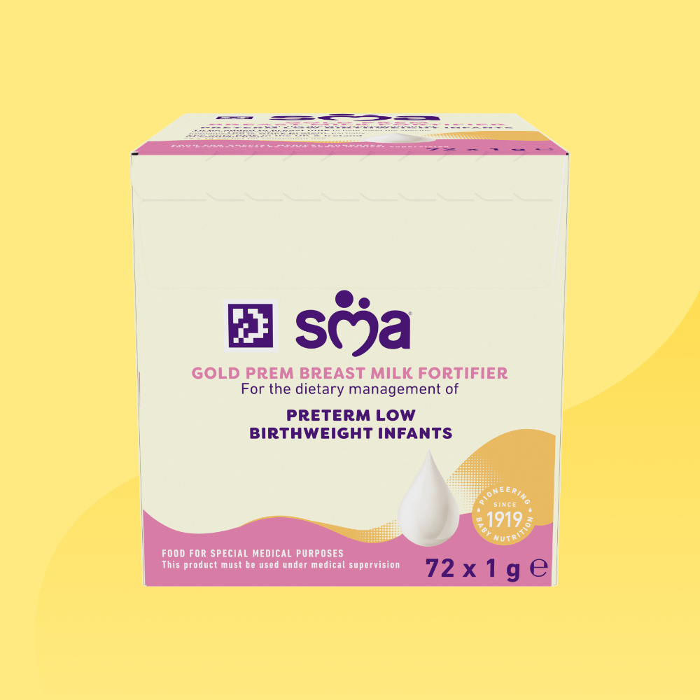 Box of SMA Gold Prem Breast Milk Fortifier in front of a yellow background 