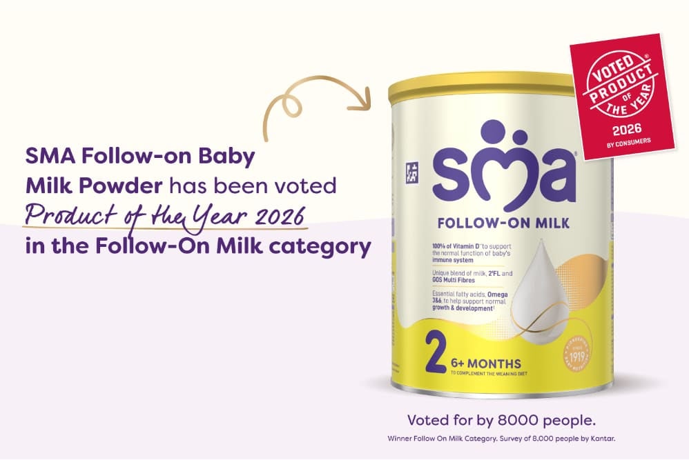 Promotional banner showing SMA Follow-on Baby Milk Powder tin 6+ months with a red ‘Voted Product of the Year 2026’ badge. Te