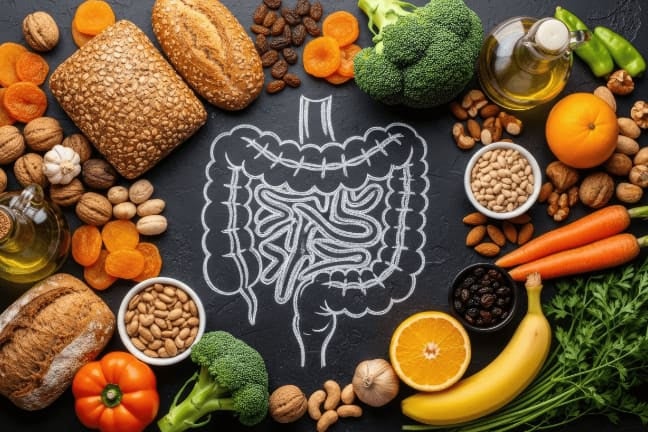 Illustration of digestive system showing gut microbiome with diverse fibre-rich pregnancy foods including wholegrains, legume