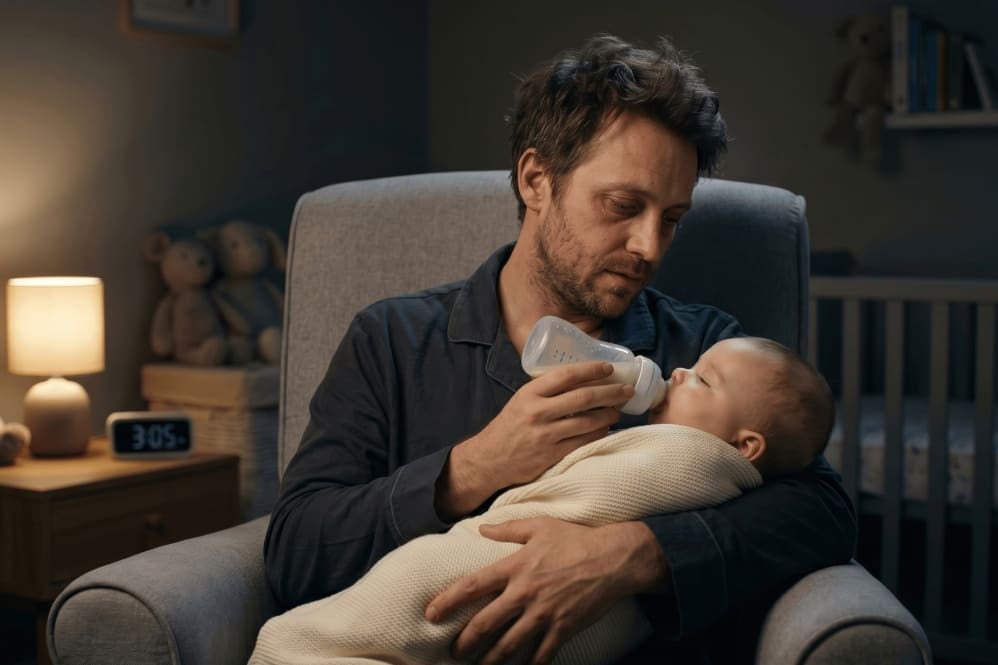 Parent feeding a baby from a bottle at night, showing a calm overnight formula feeding routine.