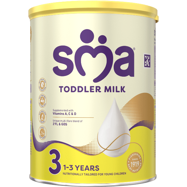 SMA Toddler Milk Powder for children 1 to 3 years, with a yellow lid on a transparent background
