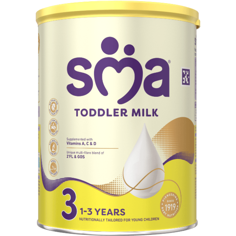SMA Toddler Milk Powder for children 1 to 3 years, with a yellow lid on a transparent background